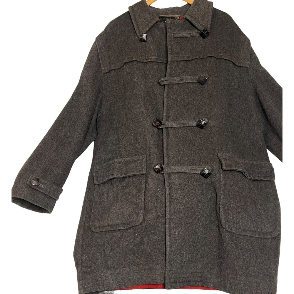 Loden Frey Wool Coat Western Germany Size 50 Gray Red Lining Toggle Closure Flaw